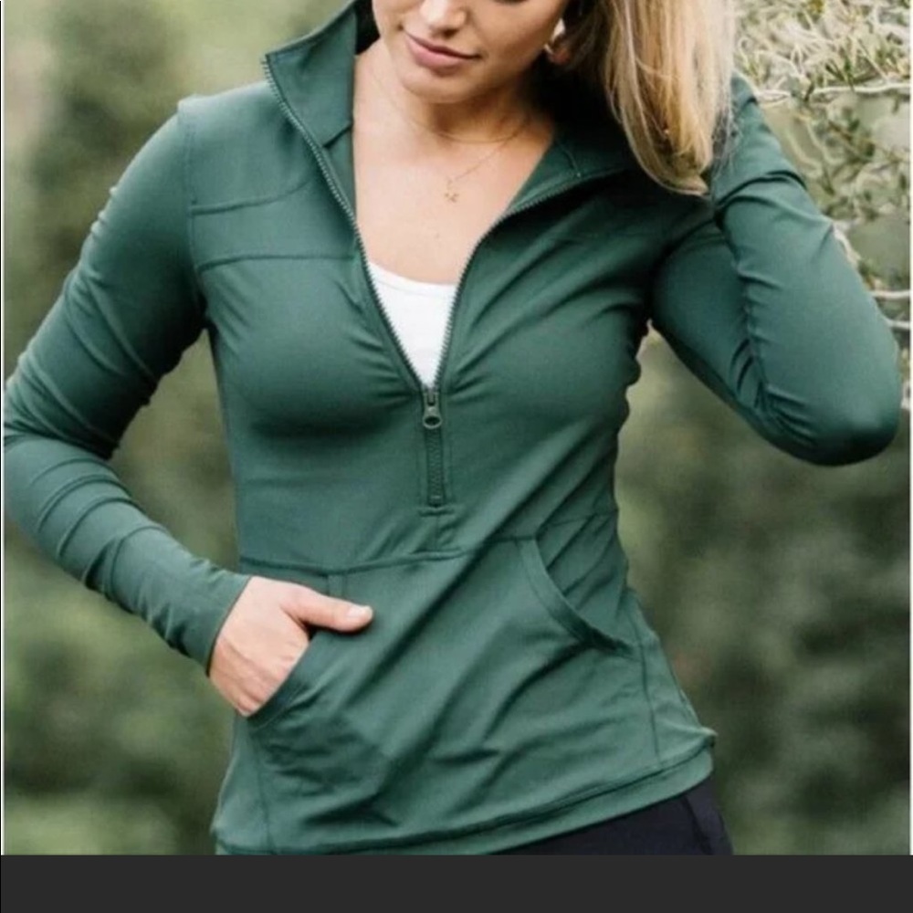 ZYIA Active Half Zip Pullover Jacket Small Forest Green Pocket Long Sleeve Top
